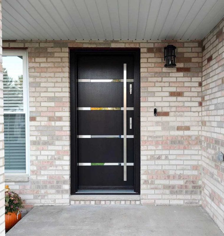 Contemporary Front Door design of a house, an exterior door with safety measures installed and an almost full-length handle