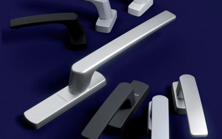 Various colors of window and door handles in a dark blue background