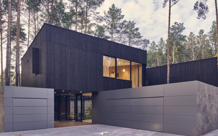 A modern minimalist looking luxurious home with concrete driveway, surrounded by tall trees.